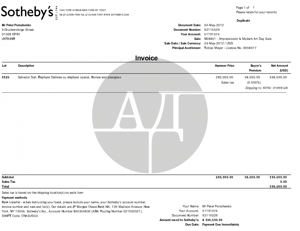 Sotheby’s invoice had the name of Poroshenko written on it dd 04/05/2012 and the delivery address was 9 Grushevskogo Street, Kyiv, 01008 that is Poroshenko’s personal apartment near the Verkhovna Rada.